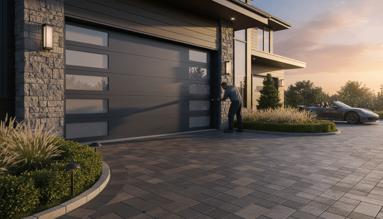 Professional installation of premium contemporary garage door on luxury residential home in golden afternoon light