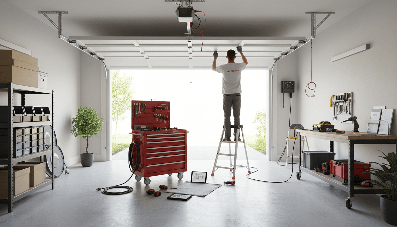 Technician installing automated garage door motor system in bright residential garage interior