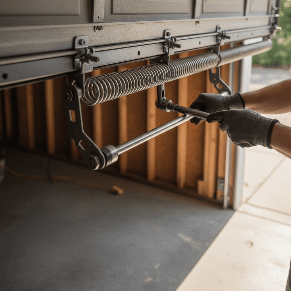 Garage door maintenance technician inspecting door springs and mechanisms